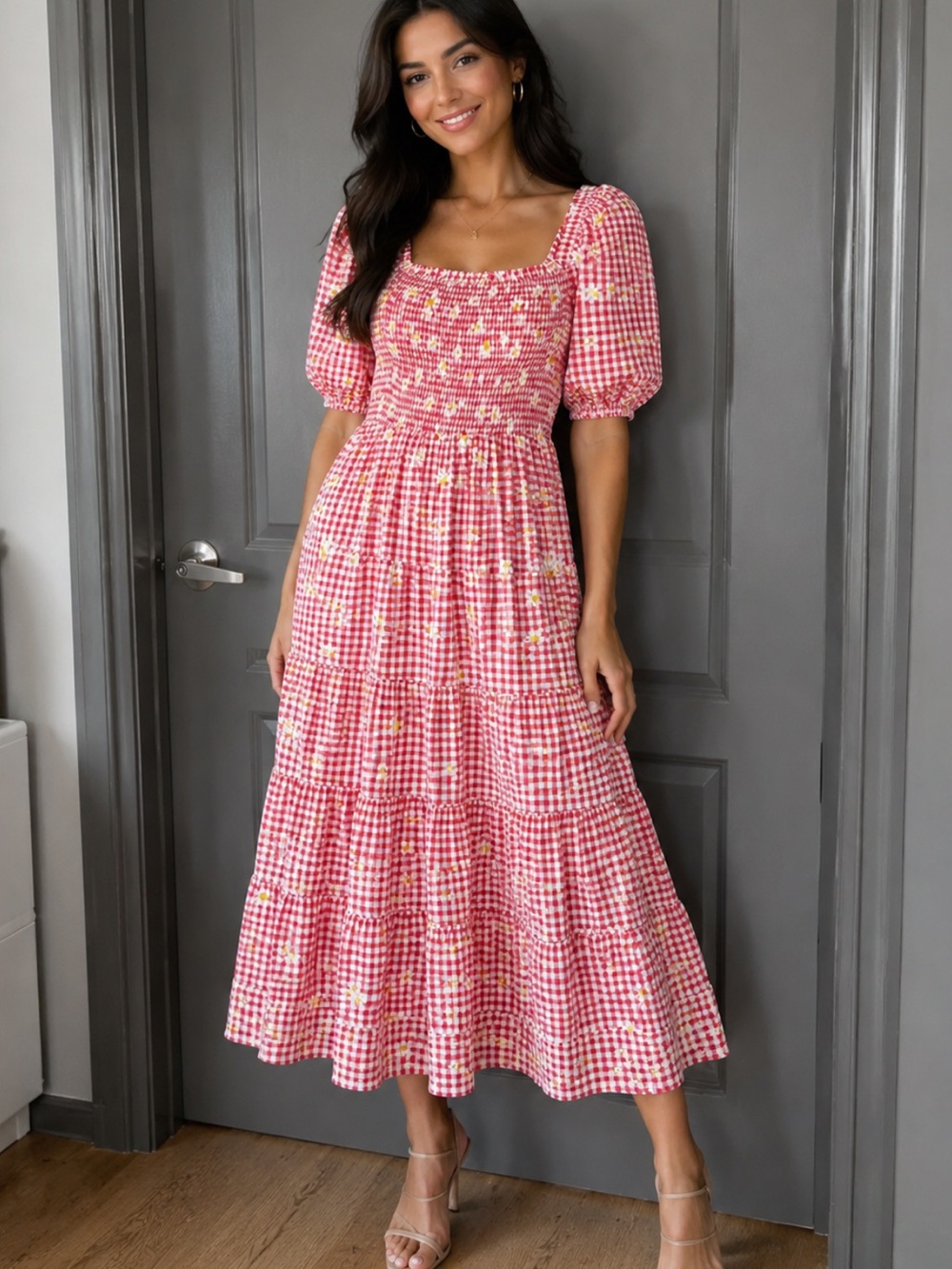 Red Gingham Maxi Dress with Daisy Print